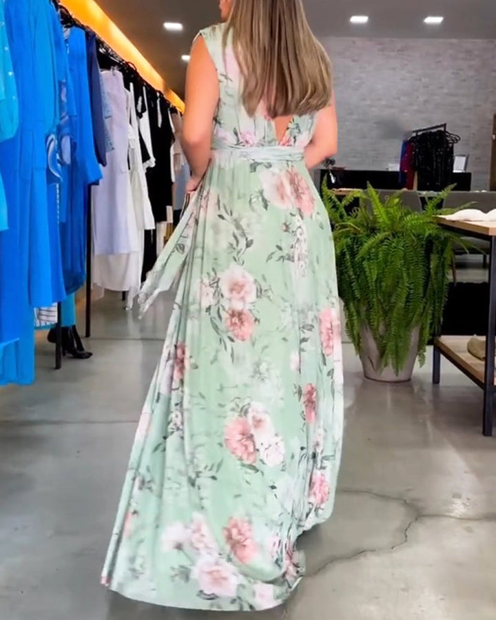 Stilla | Elegant ærmeløs V-hals kjole med blomstermønster