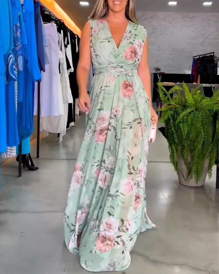 Stilla | Elegant ærmeløs V-hals kjole med blomstermønster
