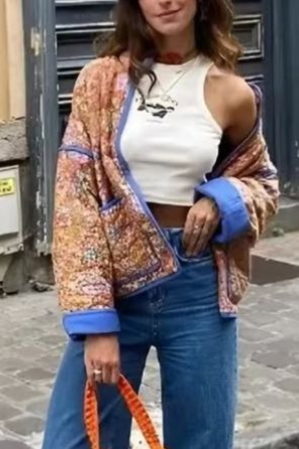 Stilla | Colorblock Stor Taske Ståkrave Steppjakke i Bomuld