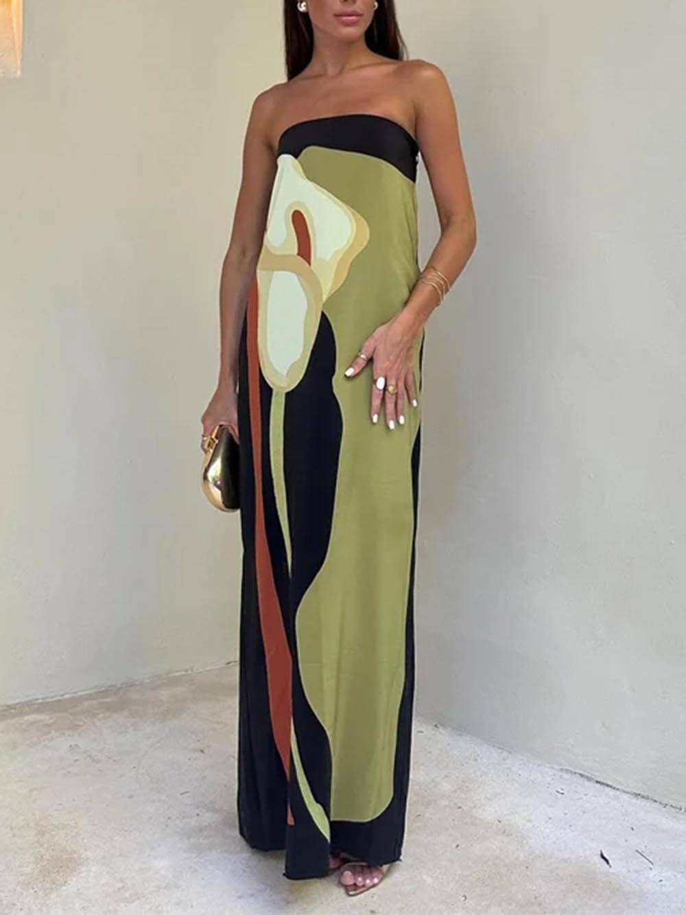 Stilla | Ærmeløs Off Shoulder Trykt Maxi Kjole