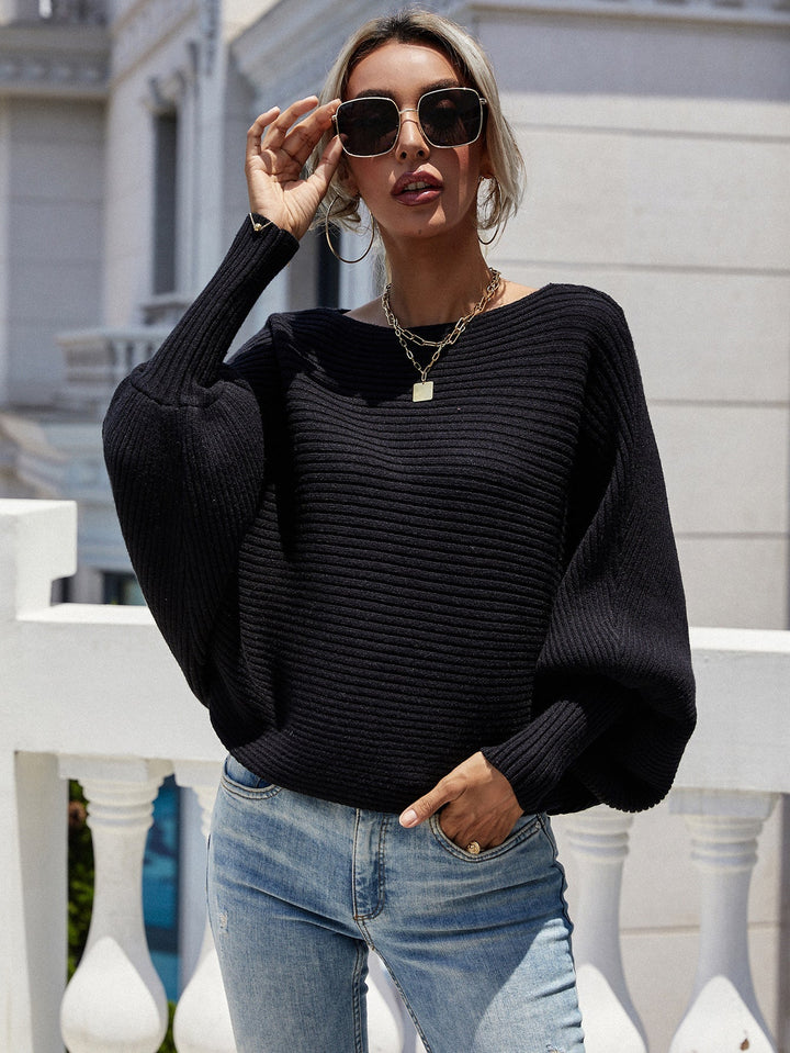 Stilla | Lige, Vandret Stribet, Ribbet Sweater Med Flagermusærmer