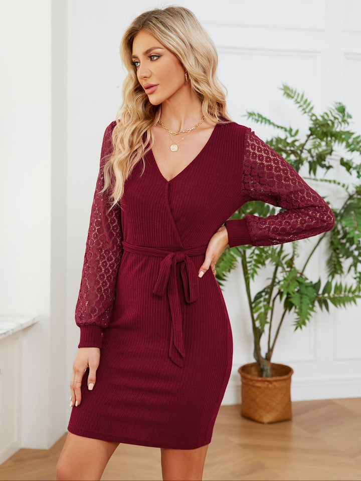 Stilla | Dame Mini Bodycon Kjole Tætsiddende Kjole Strik, Med V-Hals, Lange, Flæseærmer
