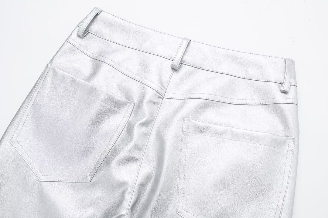 Stilla | Damebukser i Skinnende, Høj Talje Bootcut Og Sølv Kunstlæderbukser