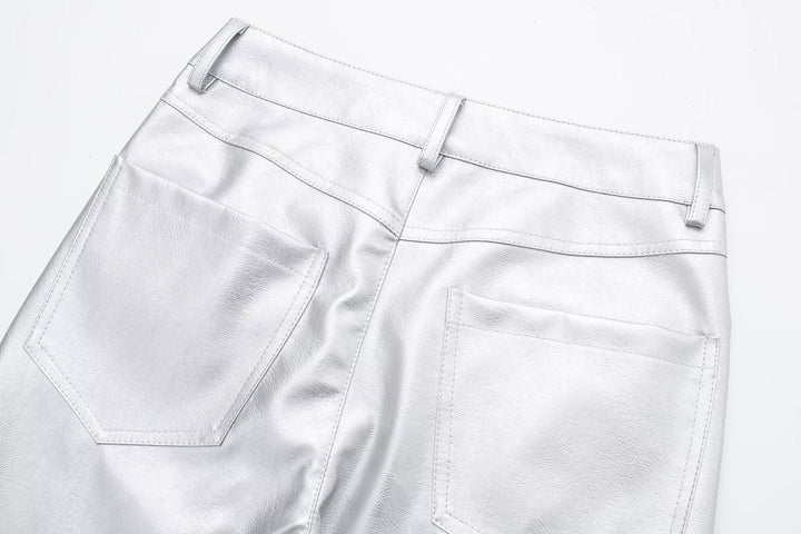Stilla | Damebukser i Skinnende, Høj Talje Bootcut Og Sølv Kunstlæderbukser