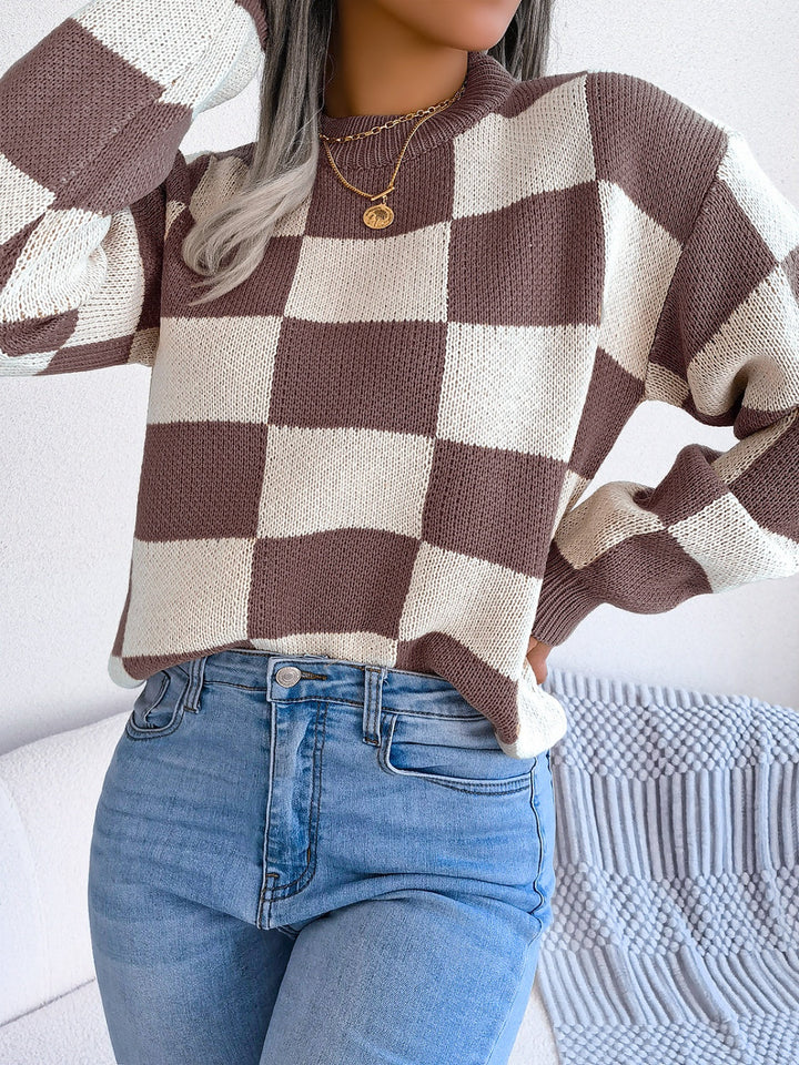 Stilla | Karo Sweater Med Lange Ærmer og Ståkrave