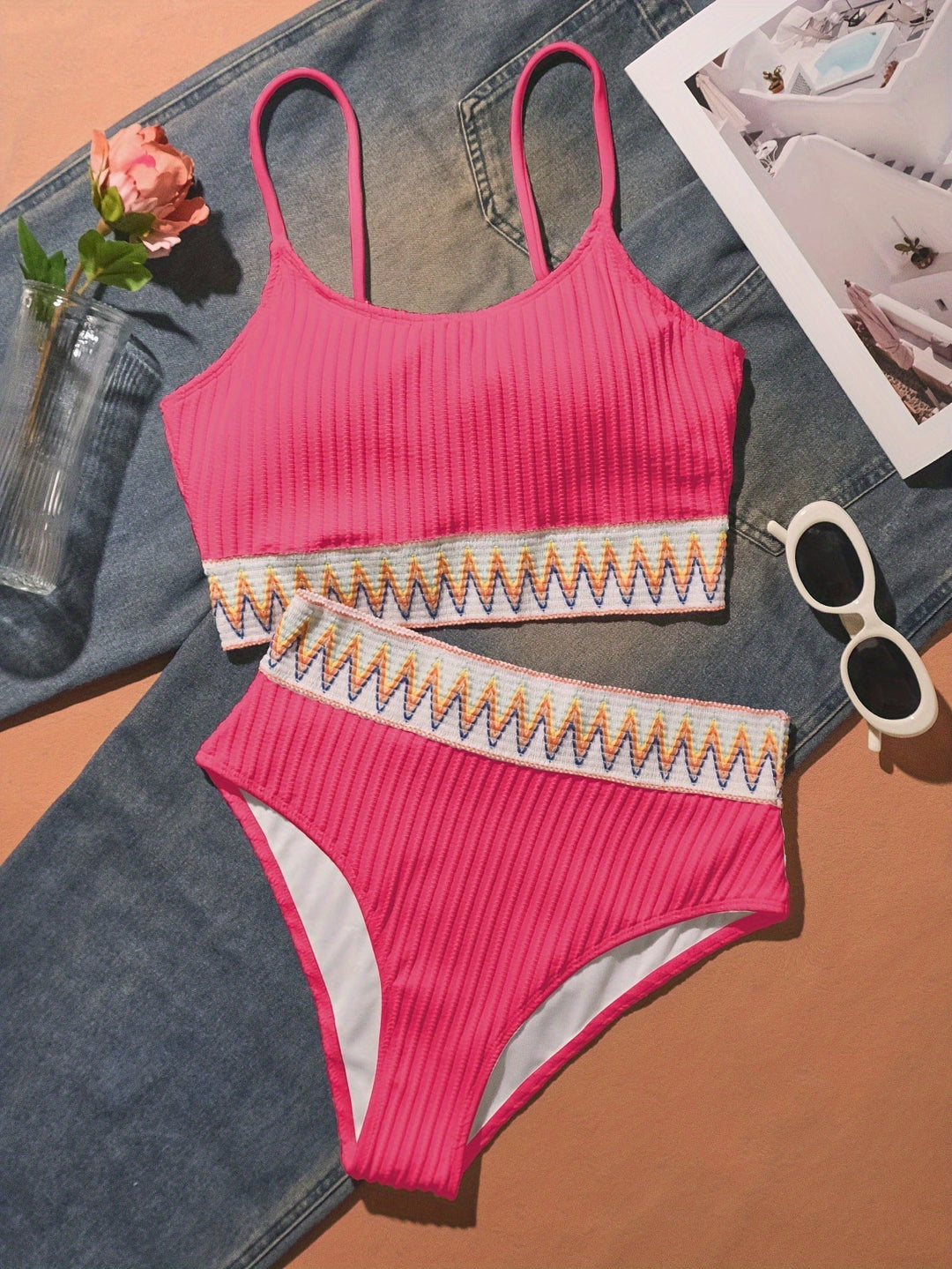 Stilla | Stribet Bikini-Top og Høj Talje Bukser