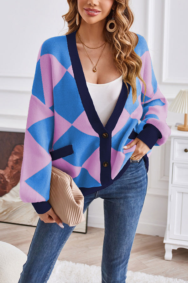 Stilla | Hals geometrisk patchwork kontraststrik cardigan casual løs jakke