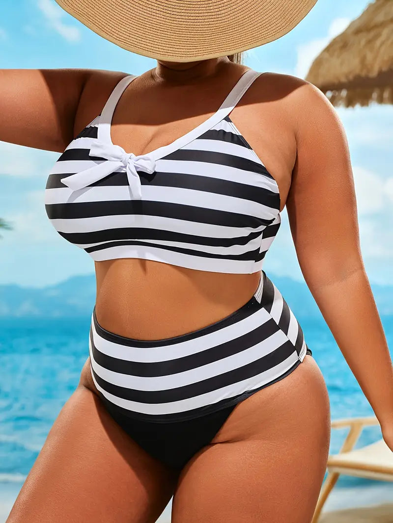 Stilla | Elegant Tankini Med Striber Og Sløjfer Foran Samt Høj Bærekomfort