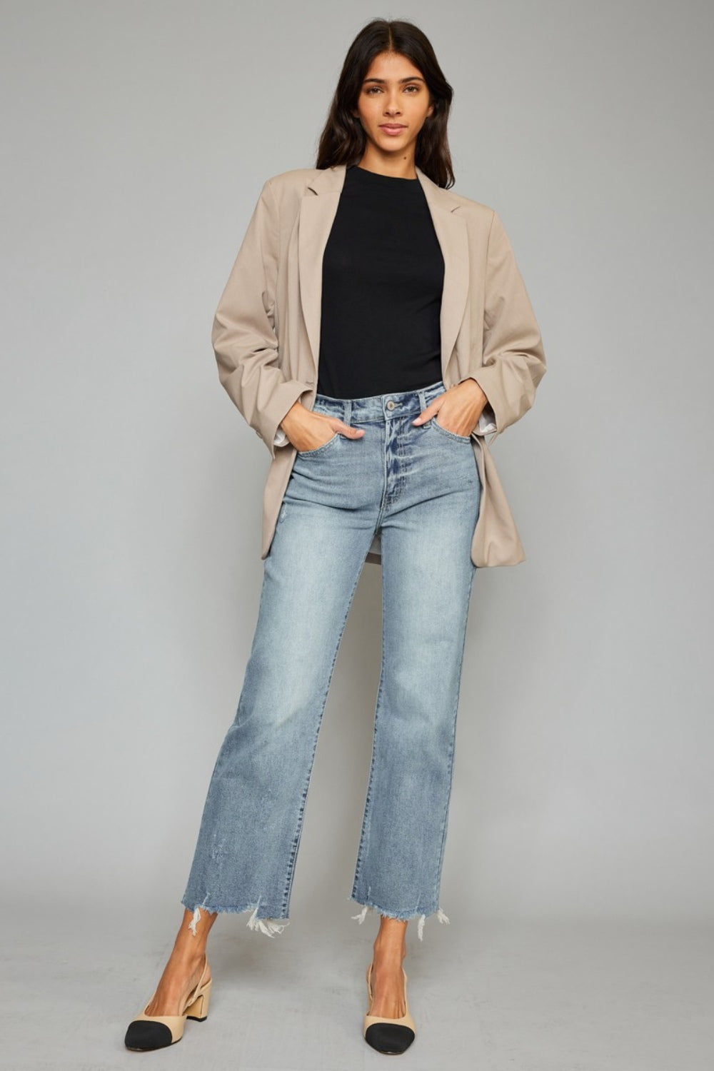 Stilla | Høj Talje Raw Hem Beskåret Bred Ben Jeans