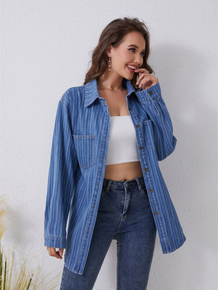 Stilla | Stribet Knap-Up Denim Skjorte