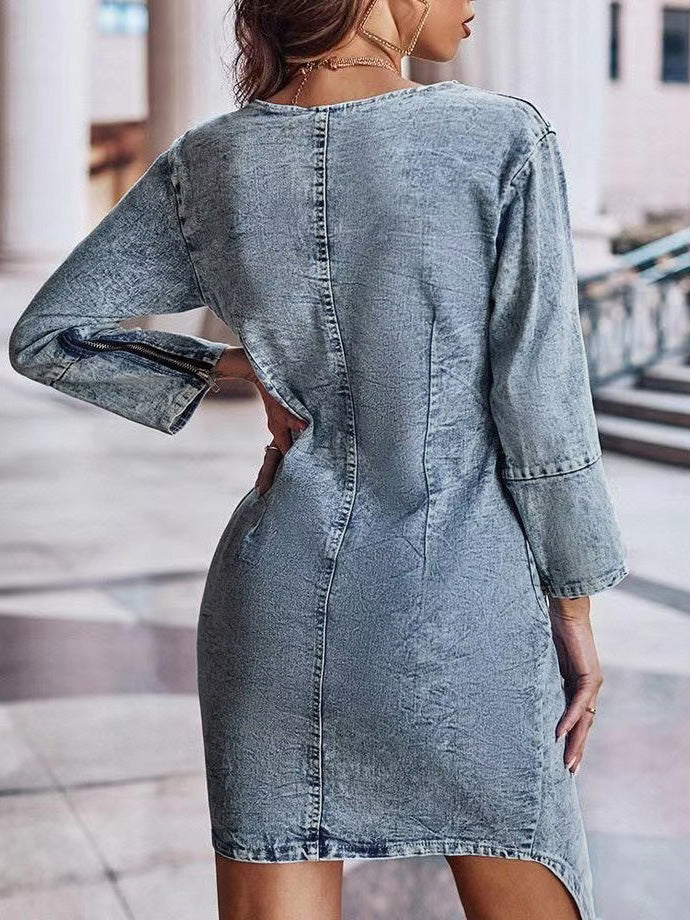 Stilla | Kvinders Kjoler V-hals Stræk Lynlås Vask Denim Kjole