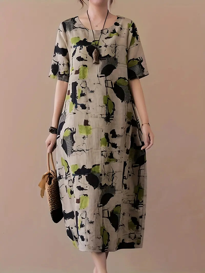 Stilla | Kunstnerisk Linned Midi Kjole Livlig Abstrakt Elegance Løse Korte Ærmer