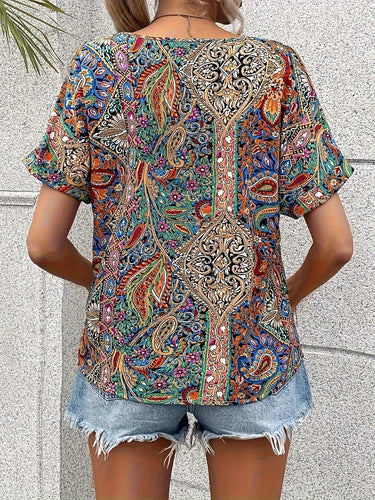 Stilla | Damebluse Med Paisley Mønster V-Hals, Korte Ærmer Årgang Stil, Åndbar