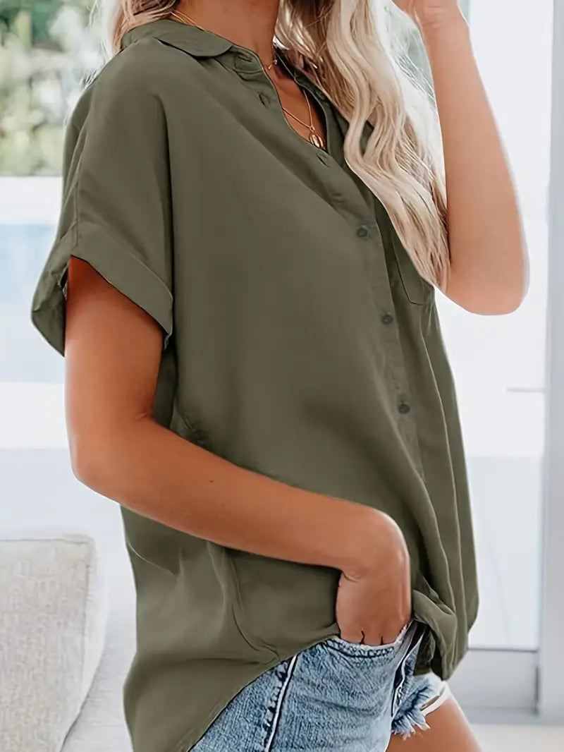 Stilla | Bluse Med Kort Ærme, Krave Og Knapper Olive Green