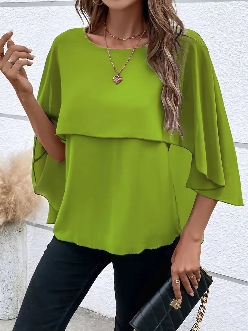 Stilla | Elegant Asymmetrisk Dametop Med Rund Halsudskæring, Ærmer Kappe Stil, Til Fritids Og Kontorbrug