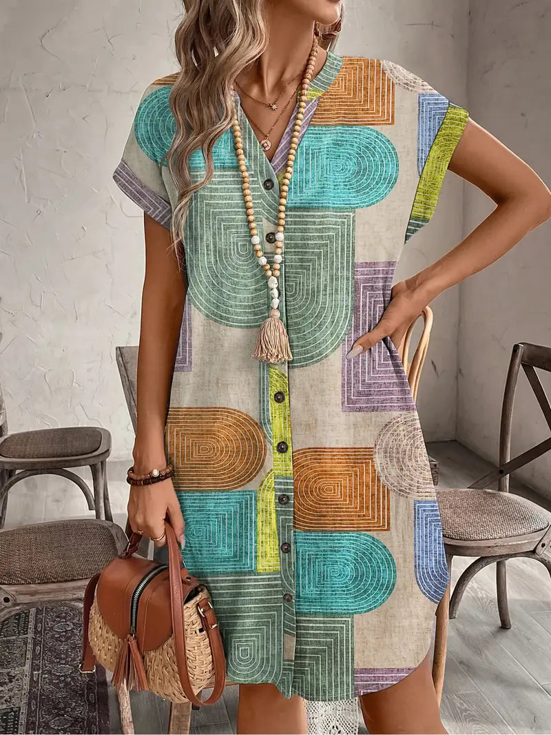 Stilla | Sommerskjorte Med Geometrisk Print V-Hals Og Knaplukning Elegant Midikjole