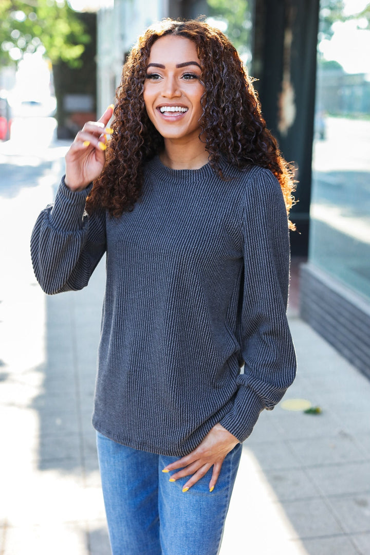 Stilla | Chemise Everyday Med Lange Ærmer I Antracitfarvet Ribbebind Med Mineralvask