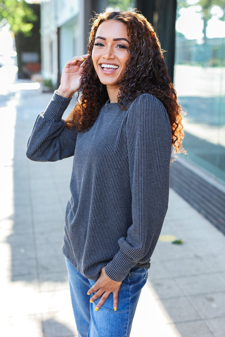 Stilla | Chemise Everyday Med Lange Ærmer I Antracitfarvet Ribbebind Med Mineralvask