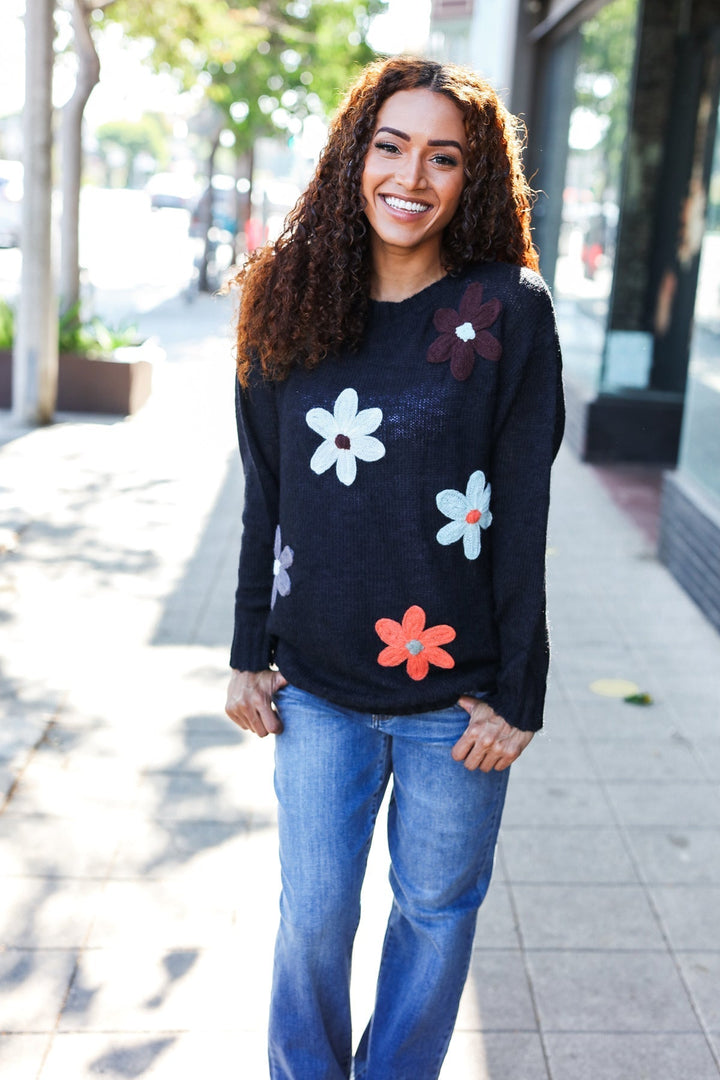 Stilla | Overstørrelse Sweater Af Sort Strik Med Blomsterpatch