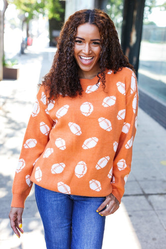Stilla | Spildag Jacquard Strikpullover i Orange Med Fodboldtryk