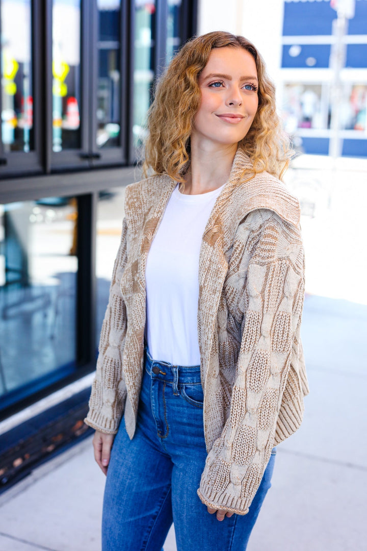 Stilla | Strikjakke Af Struktureret, Drejet Strik Autumn Vibes Taupe Med Krave