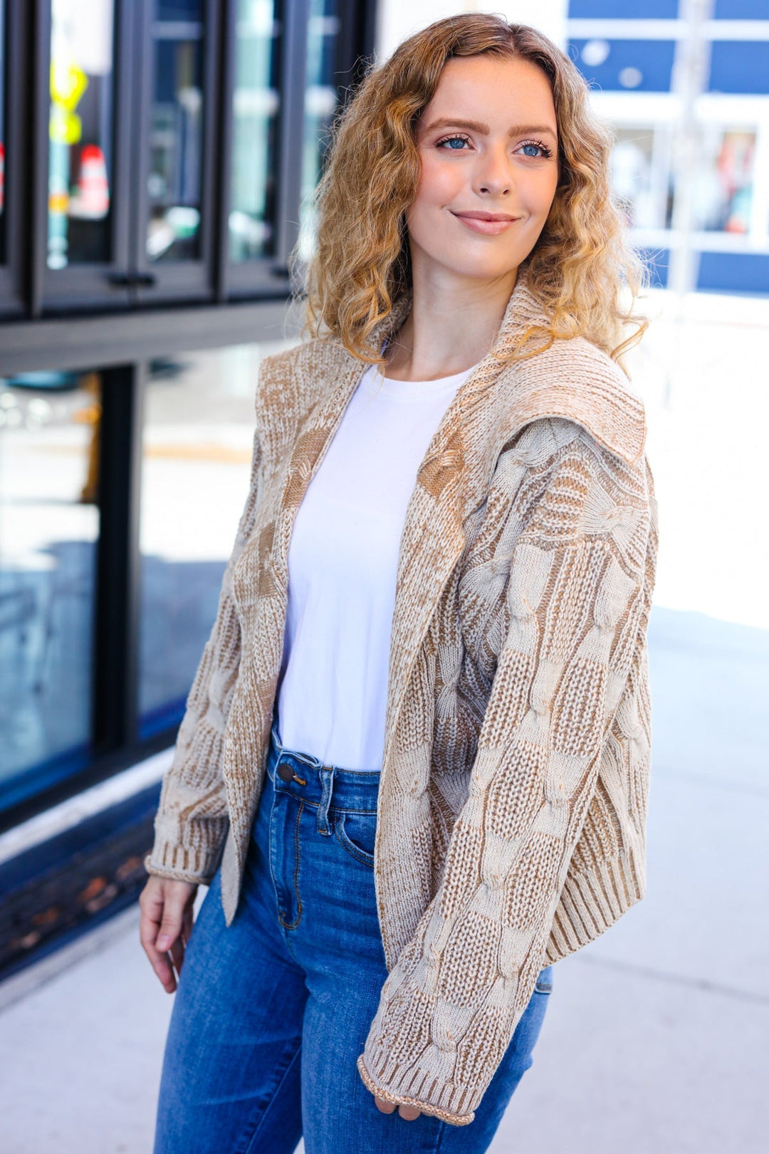 Stilla | Strikjakke Af Struktureret, Drejet Strik Autumn Vibes Taupe Med Krave
