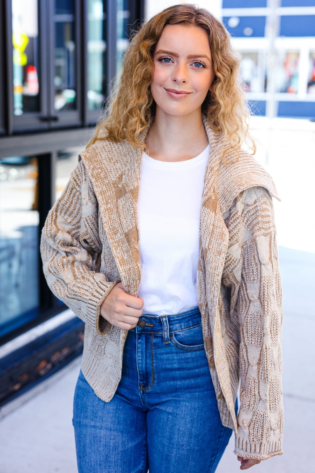 Stilla | Strikjakke Af Struktureret, Drejet Strik Autumn Vibes Taupe Med Krave