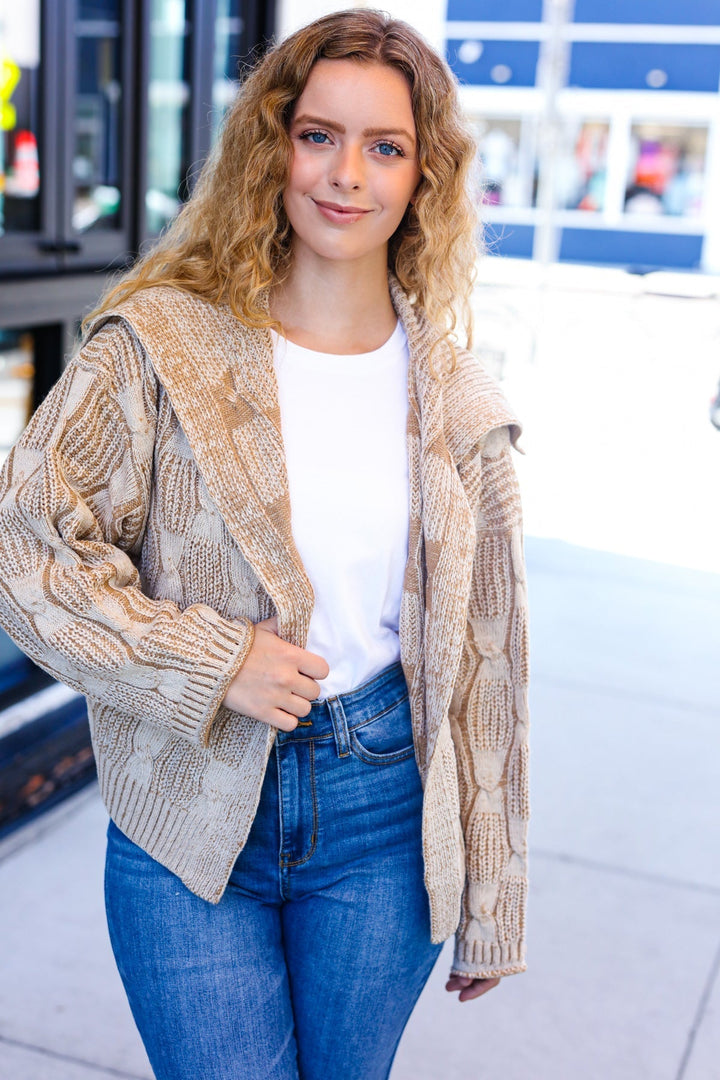 Stilla | Strikjakke Af Struktureret, Drejet Strik Autumn Vibes Taupe Med Krave