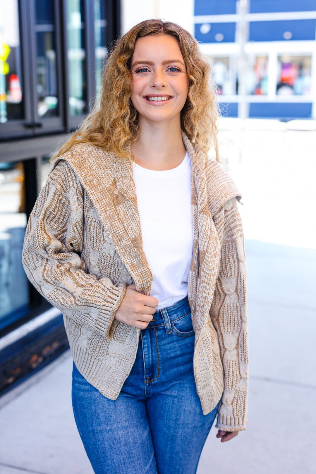 Stilla | Strikjakke Af Struktureret, Drejet Strik Autumn Vibes Taupe Med Krave