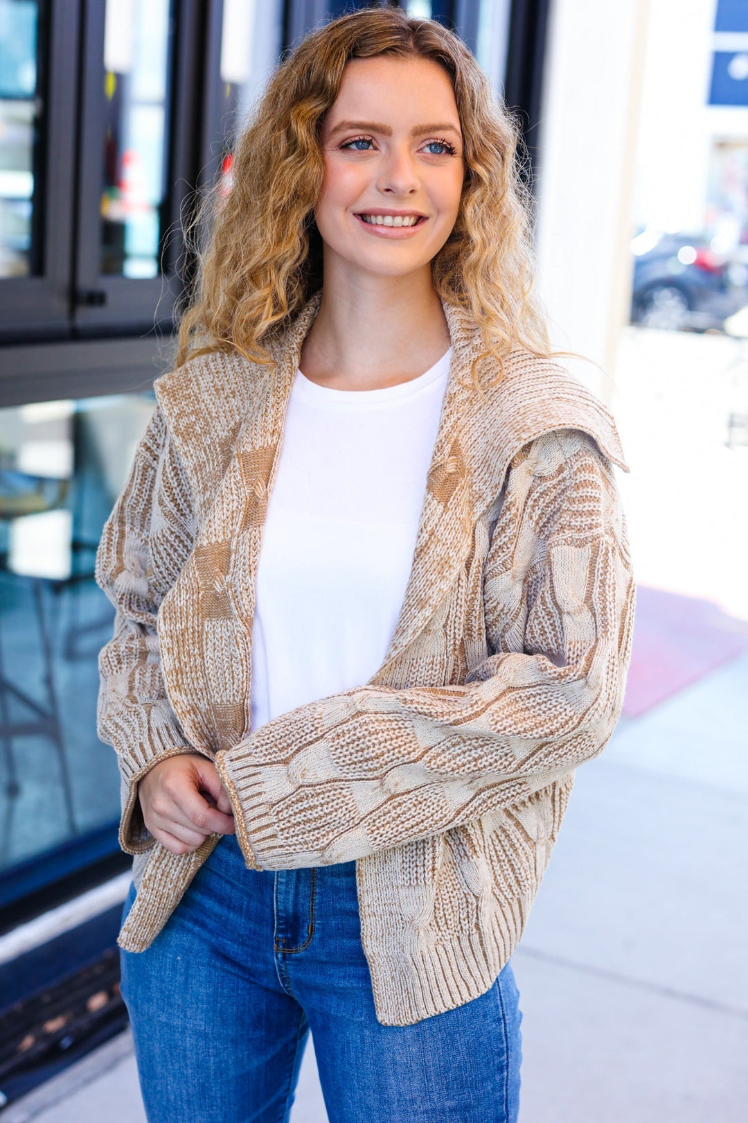 Stilla | Strikjakke Af Struktureret, Drejet Strik Autumn Vibes Taupe Med Krave
