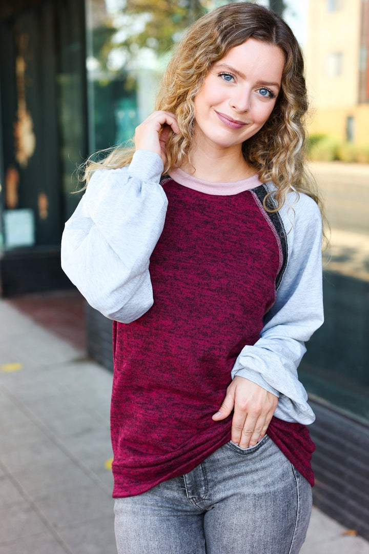 Stilla | Efterårsstemning Raglan Pullover Farveblok Grå og Bordeaux