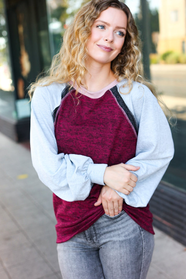 Stilla | Efterårsstemning Raglan Pullover Farveblok Grå og Bordeaux