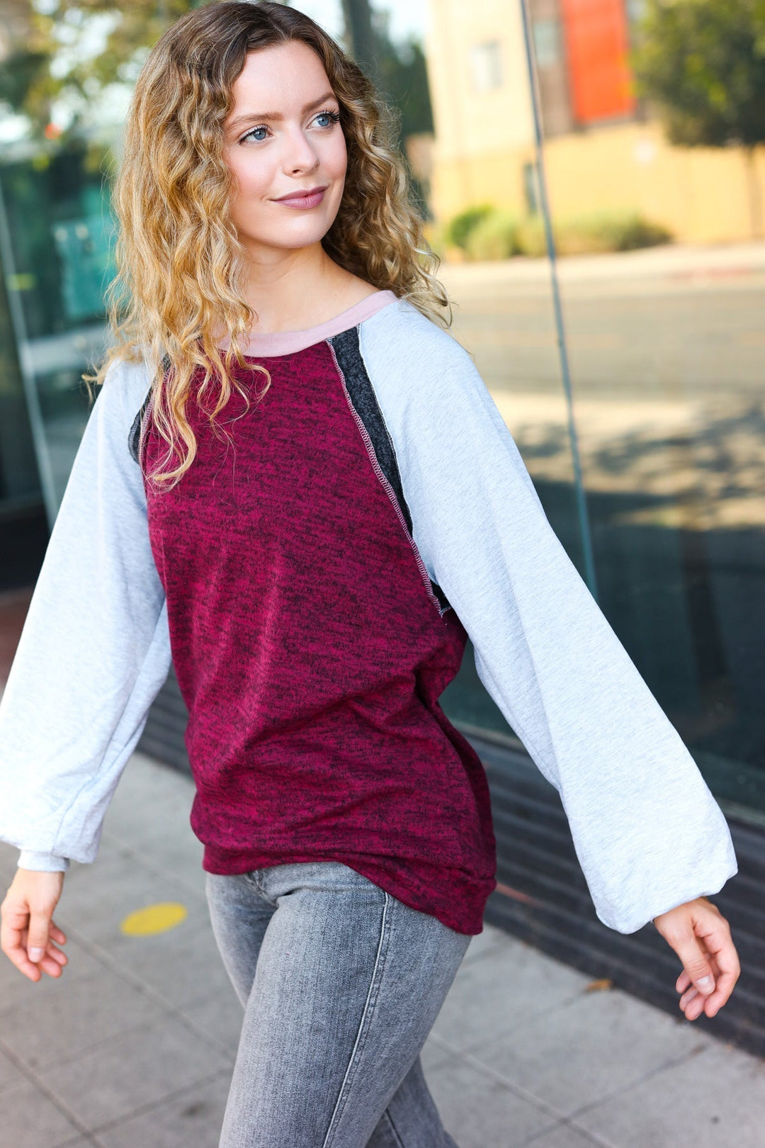 Stilla | Efterårsstemning Raglan Pullover Farveblok Grå og Bordeaux