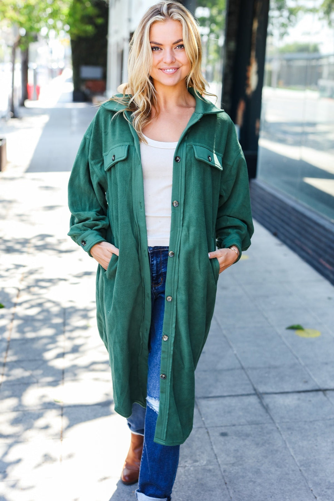 Stilla | Turn Heads Knapbar Fleece Dusterjakke i Skovgrøn