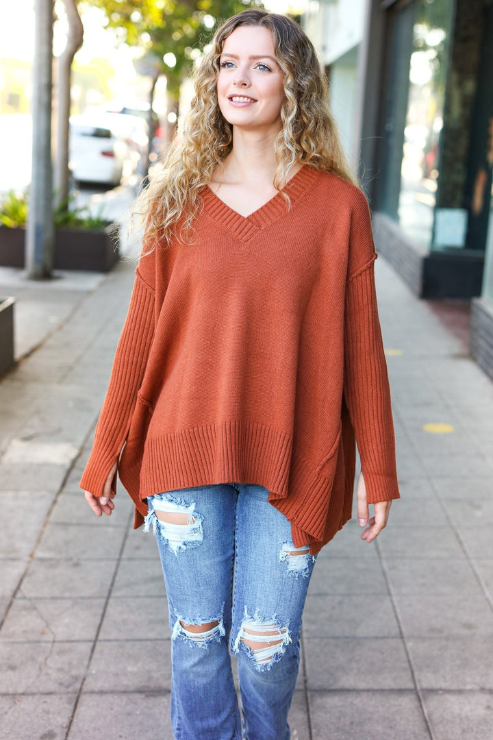 Stilla | Overdimensioneret Pullover Med V-hals I Laid-back-chic Rib-strik I Rustfarve
