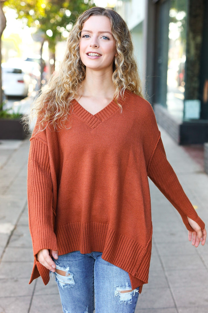 Stilla | Overdimensioneret Pullover Med V-hals I Laid-back-chic Rib-strik I Rustfarve