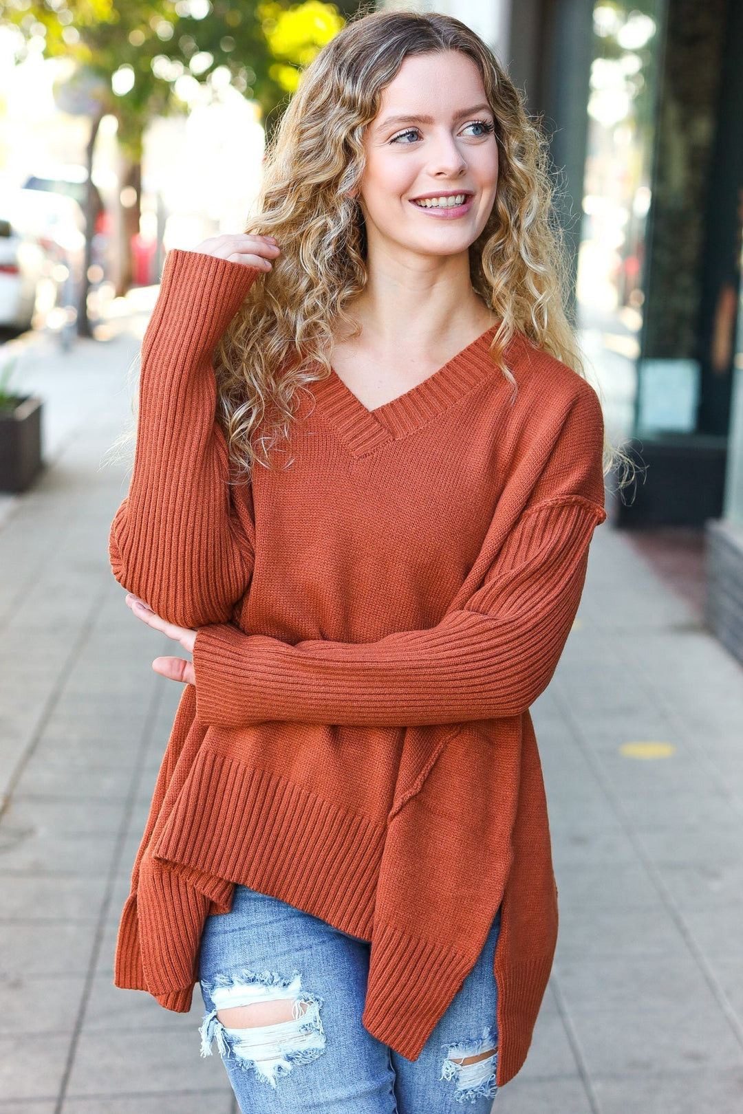 Stilla | Overdimensioneret Pullover Med V-hals I Laid-back-chic Rib-strik I Rustfarve