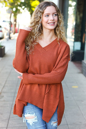 Stilla | Overdimensioneret Pullover Med V-hals I Laid-back-chic Rib-strik I Rustfarve
