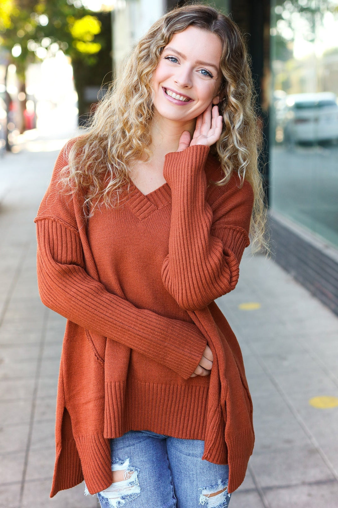 Stilla | Overdimensioneret Pullover Med V-hals I Laid-back-chic Rib-strik I Rustfarve