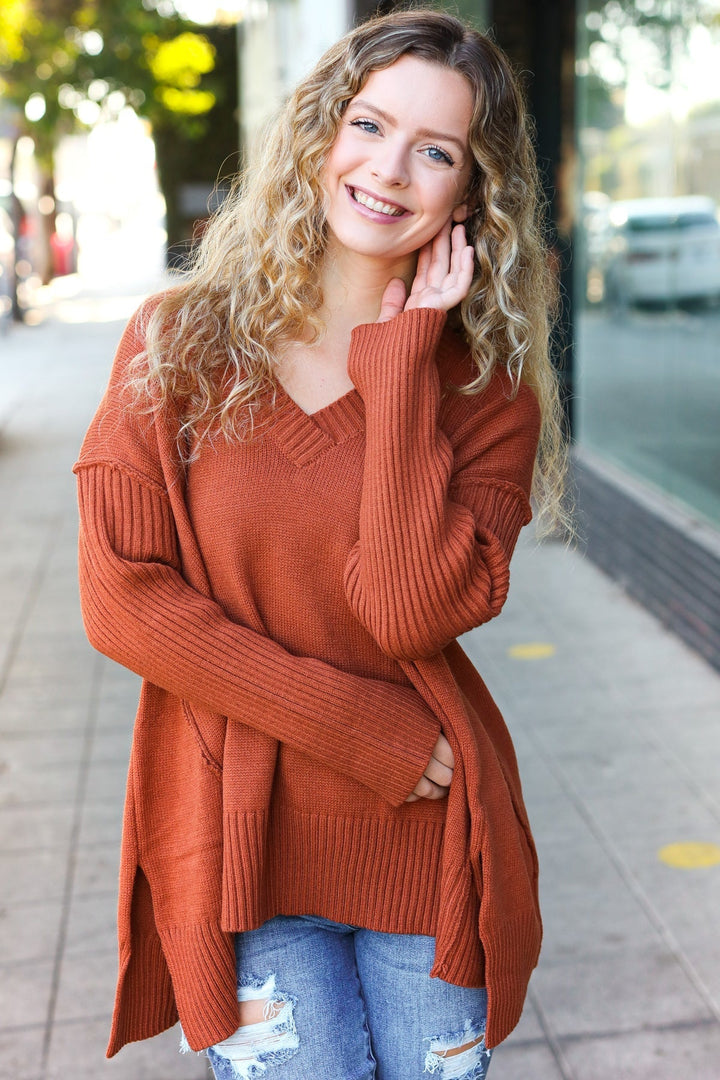 Stilla | Overdimensioneret Pullover Med V-hals I Laid-back-chic Rib-strik I Rustfarve