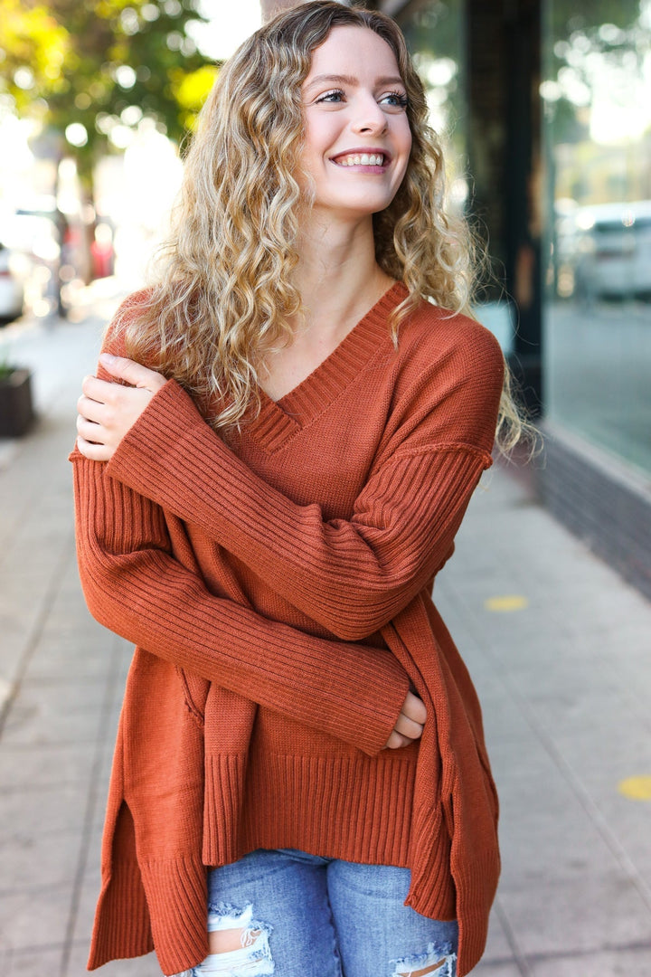 Stilla | Overdimensioneret Pullover Med V-hals I Laid-back-chic Rib-strik I Rustfarve