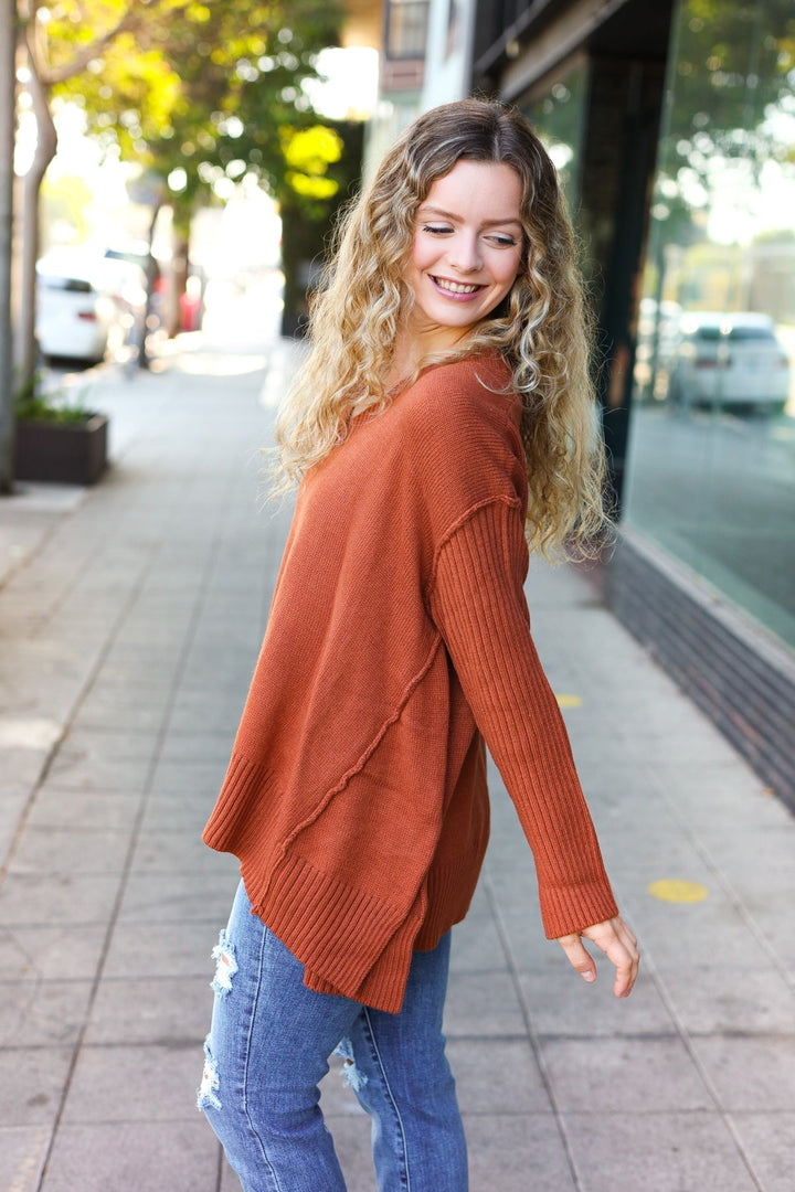 Stilla | Overdimensioneret Pullover Med V-hals I Laid-back-chic Rib-strik I Rustfarve