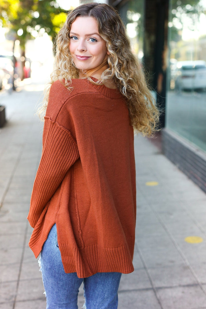 Stilla | Overdimensioneret Pullover Med V-hals I Laid-back-chic Rib-strik I Rustfarve