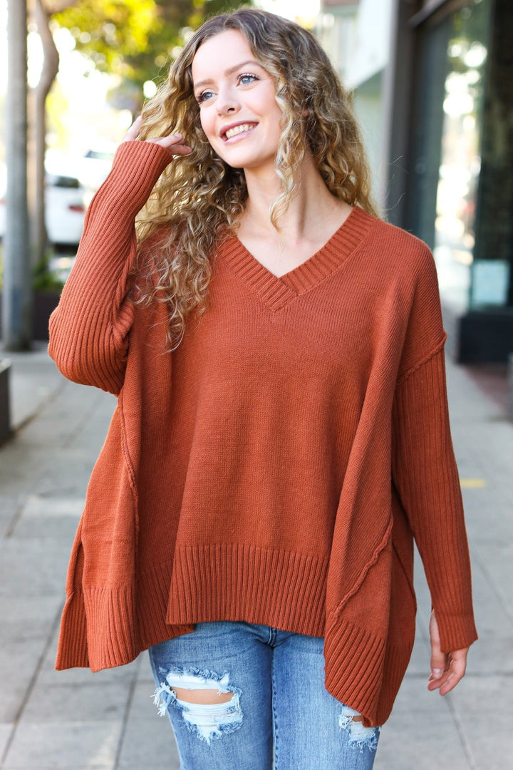 Stilla | Overdimensioneret Pullover Med V-hals I Laid-back-chic Rib-strik I Rustfarve