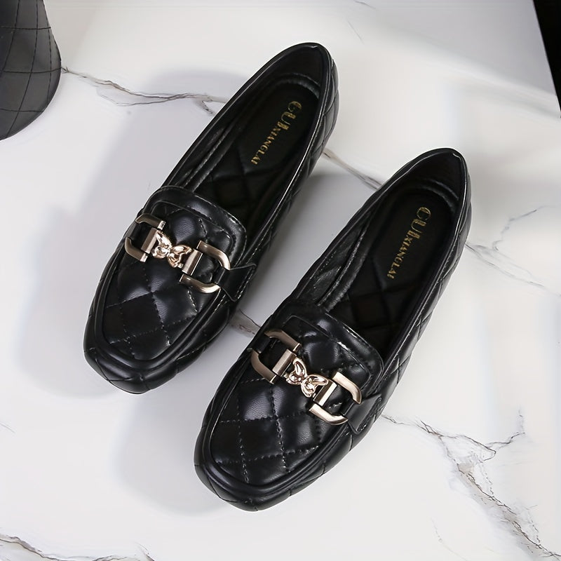 Stilla | Sorte Penny Loafers, Quiltet Mønster Med Perler, Let Flade Sko