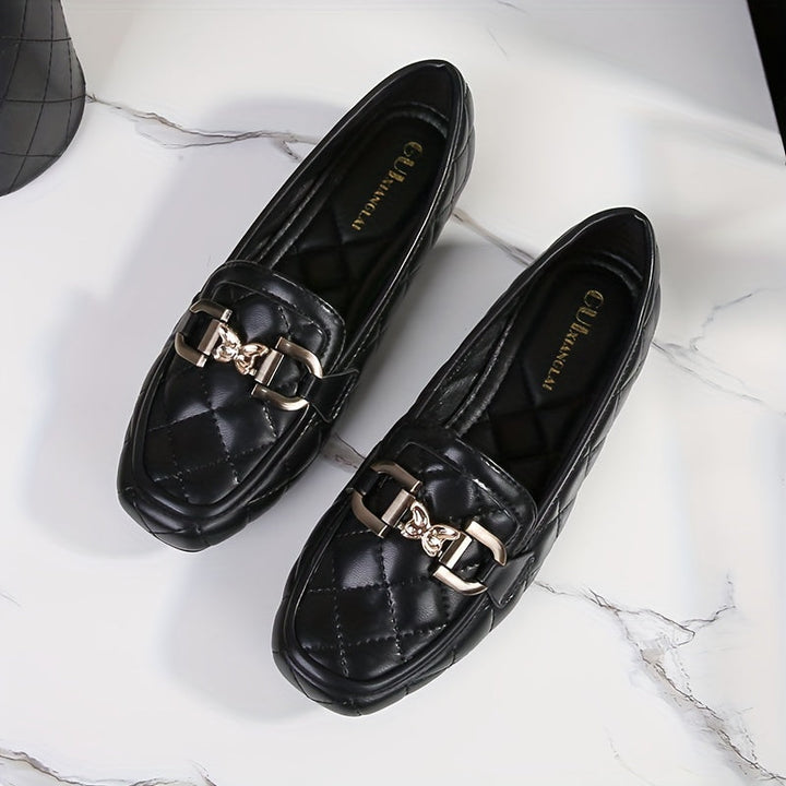 Stilla | Sorte Penny Loafers, Quiltet Mønster Med Perler, Let Flade Sko