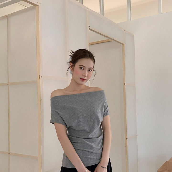 Dame kortærmet T-shirt med rynker slim fit