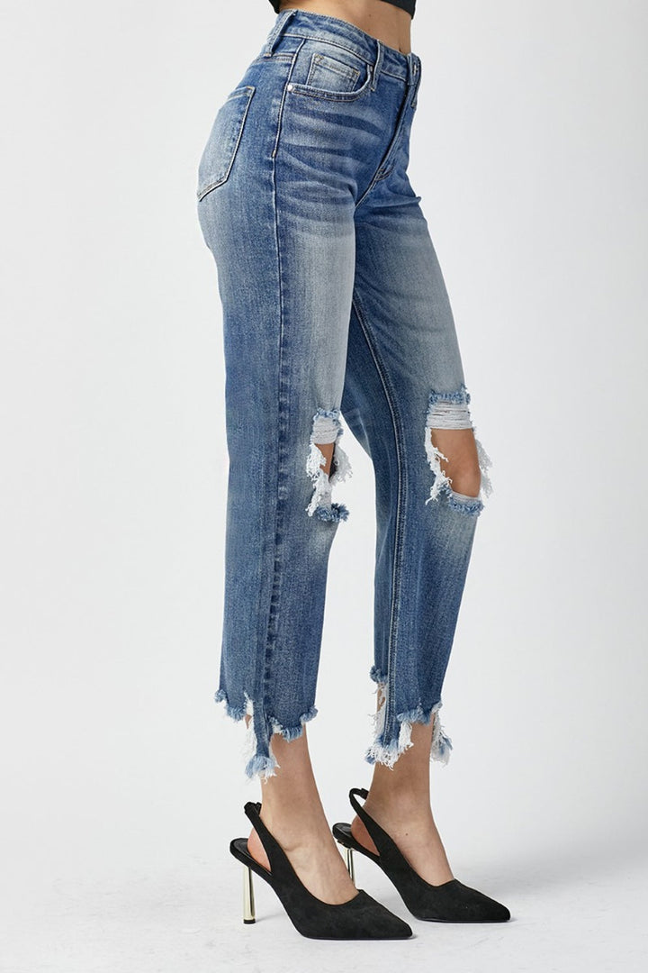 Stilla | Høj Talje Distressed Flosset Kant Beskåret Lige Jeans