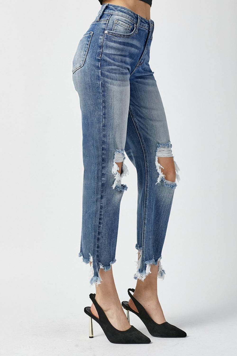 Stilla | Høj Talje Distressed Flæset Kante Cropped Straight Jeans