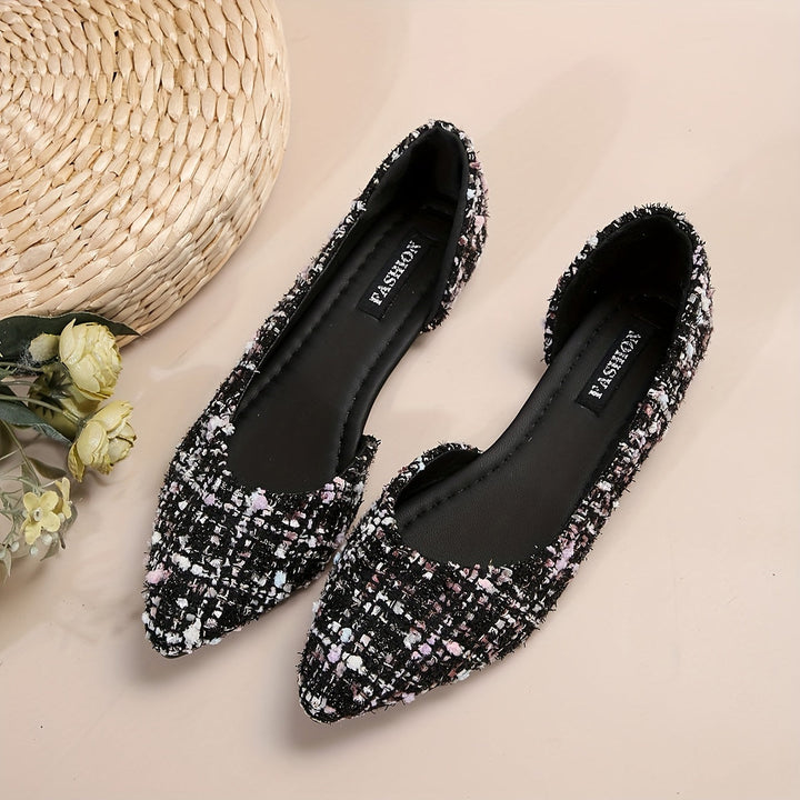 Stilla | Elegant Flad Tå Spids, Udskåret Side Tweed Slip on Sko